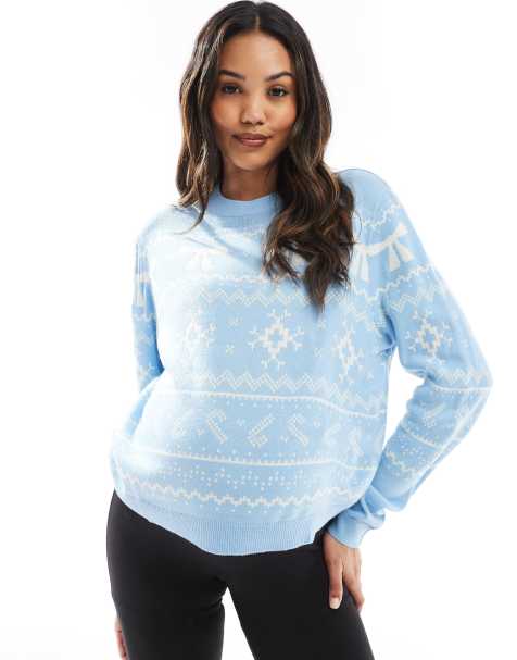 ASOS DESIGN Maternity crew neck christmas jumper with fairisle pattern in blue and cream