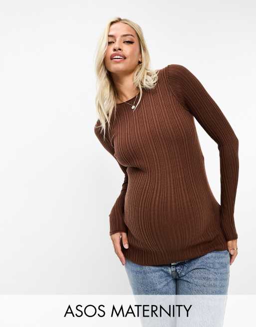 ASOS DESIGN Maternity crew neck rib jumper in brown