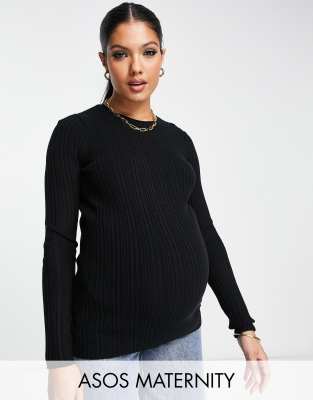 ASOS DESIGN Maternity crew neck rib knitted top in black ASOS