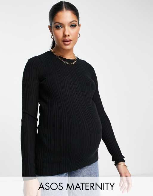 Asos Design Maternity Crew Neck Rib Knitted Top In Black Asos 