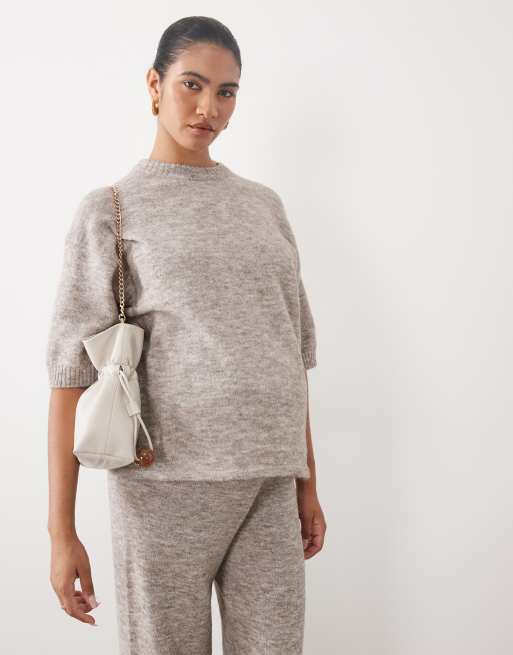 ASOS DESIGN Maternity crew neck t shirt & wide leg trouser with wool co-ord in mushroom, 2 of 3