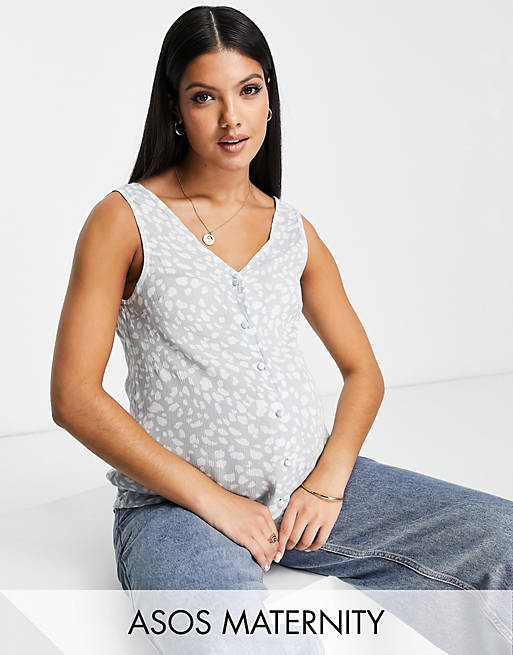 ASOS DESIGN Maternity crinkle button through vest in splodge print