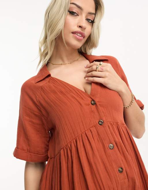 ASOS DESIGN Maternity crinkle collared smock playsuit in rust, 3 of 4