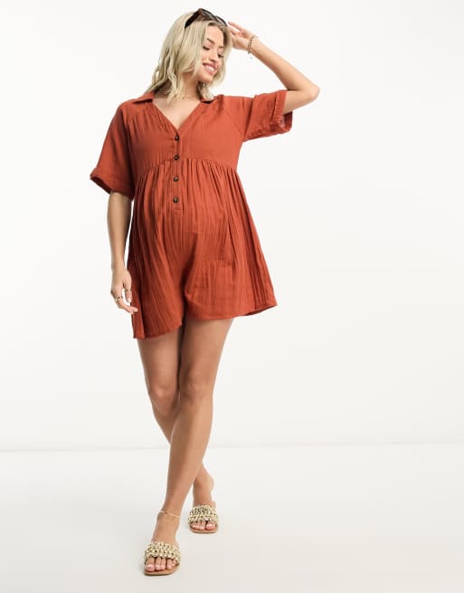 ASOS DESIGN Maternity crinkle collared smock playsuit in rust, 4 of 4