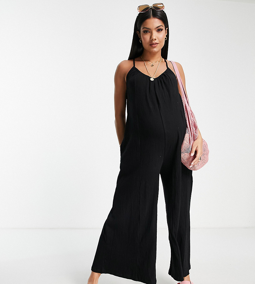 ASOS DESIGN Maternity crinkle minimal wide leg cami jumpsuit in black