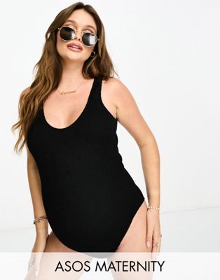 ASOS DESIGN Maternity Amy crinkle scoop swimsuit in black - BLACK