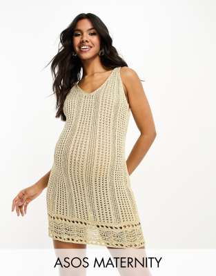 ASOS DESIGN Maternity crochet mini dress in metallic gold