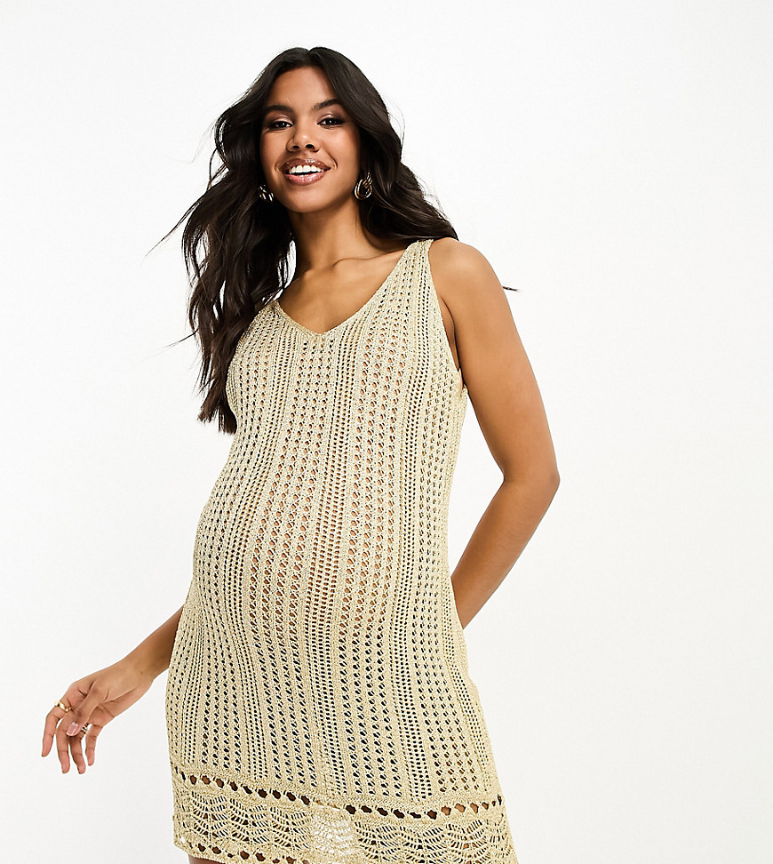 ASOS DESIGN Maternity crochet mini dress in metallic gold