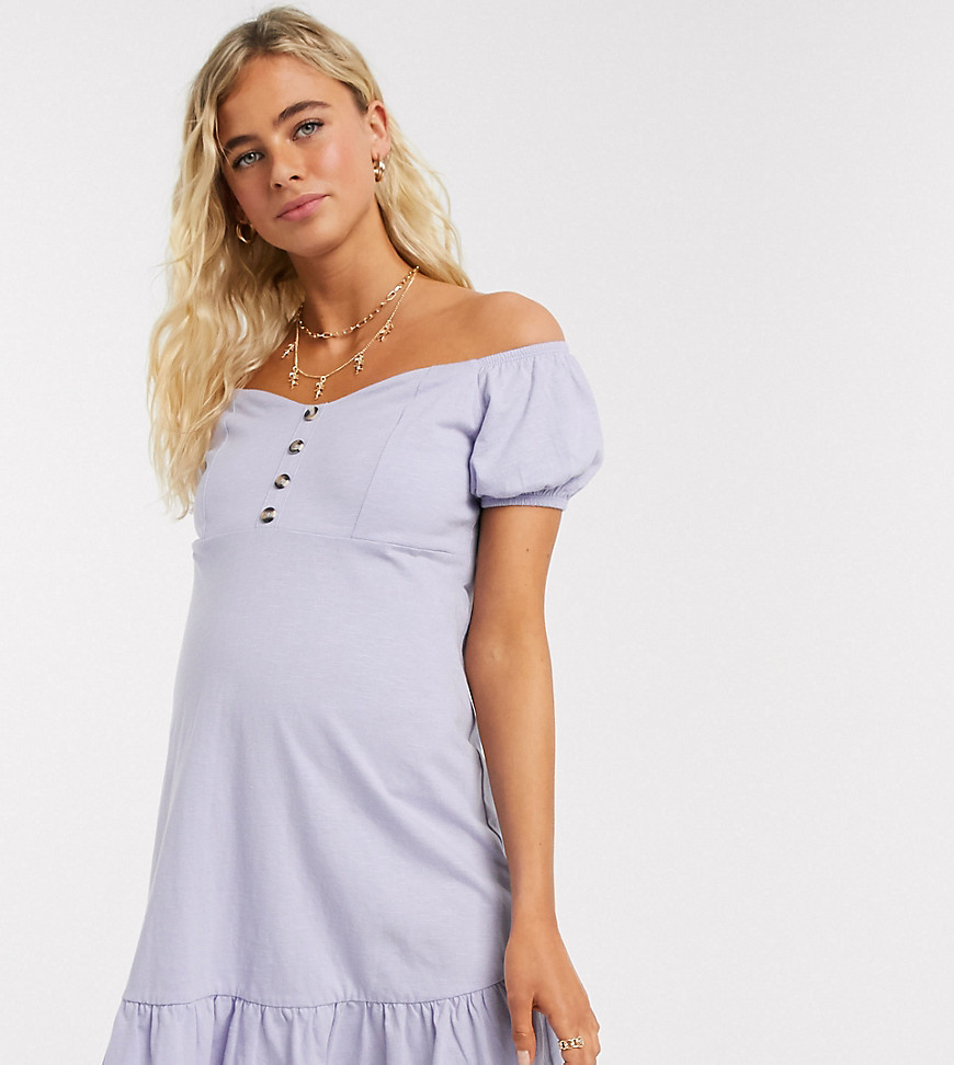 ASOS DESIGN Maternity cupped off the shoulder tiered mini dress in lavender-Purple