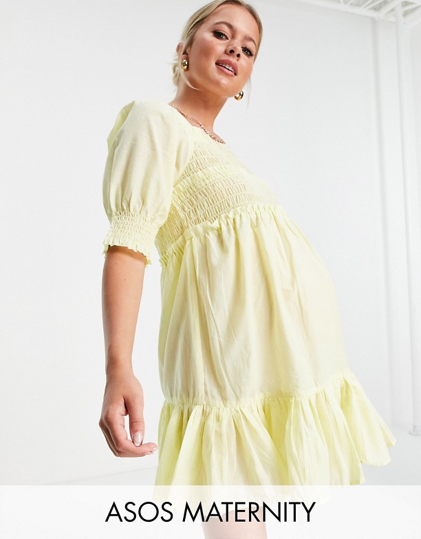 ASOS DESIGN Maternity – CytrynowożÓłta sukienka mini typu skater z dekoltem karo i surowym wykończeniem Cytrynowy Oferty 