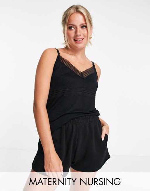 ASOS DESIGN Maternity – Czarna koszulka na ramiączkach do karmienia z klipsami i koronkowym wykończeniem