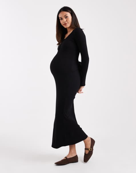 ASOS DESIGN Maternity – Czarna prążkowana sukienka midi z dekoltem U z guzikami i wiązaniem - view 1