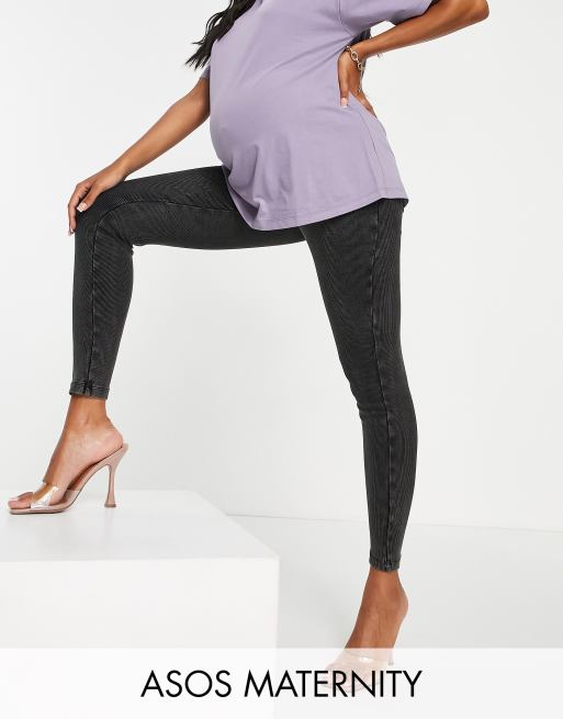 ASOS DESIGN Maternity – Czarne prążkowane legginsy z efektem sprania o fasonie zasłaniającym brzuch