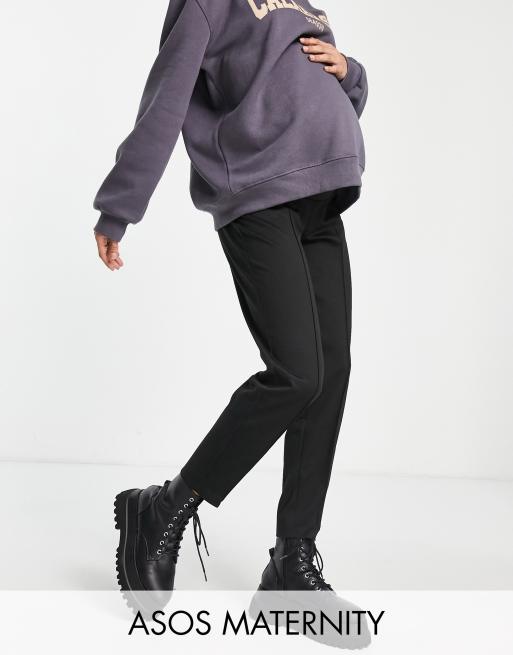 ASOS DESIGN Maternity – Czarne spodnie typu peg o fasonie zasłaniającym brzuch, z tkaniny ponte z zaszewkami