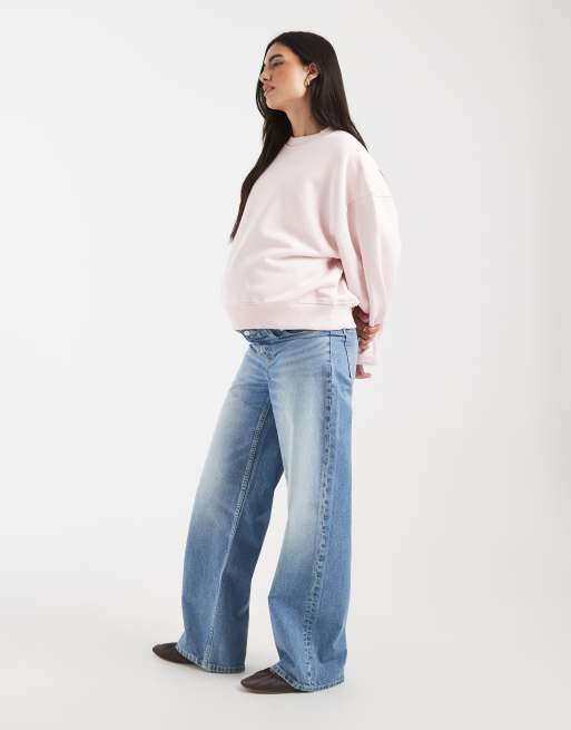 ASOS DESIGN Maternity - Dad jeans met wijde pijpen in authentiek middenblauw, 3 van 5