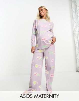 ASOS DESIGN Maternity daydream long sleeve top & trouser pyjama set in lilac