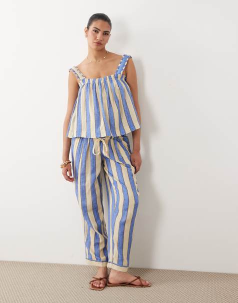 ASOS DESIGN Maternity - Delilah - Pantaloni da mare in mussola blu a righe con fascia sotto il pancione - view 1