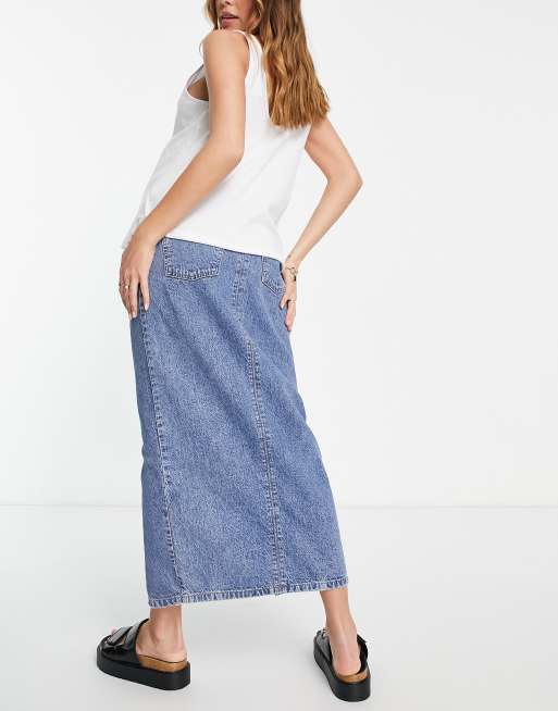 ASOS DESIGN Maternity denim 90's maxi skirt with over the bump band in  midwash