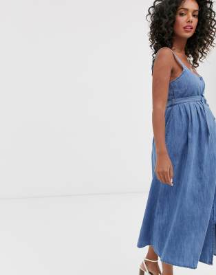 blue belted midi denim dress
