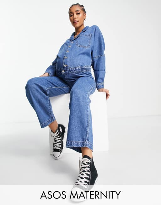 ASOS DESIGN Maternity denim boiler suit in mid wash