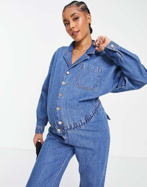 ASOS DESIGN Maternity denim boiler suit in mid wash