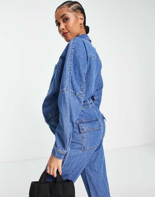 ASOS DESIGN Maternity denim boiler suit in mid wash