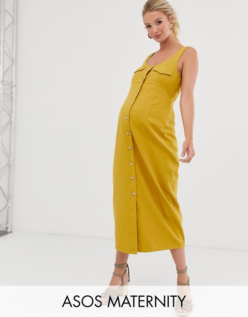 ASOS DESIGN Maternity denim button down midi dress in mustard