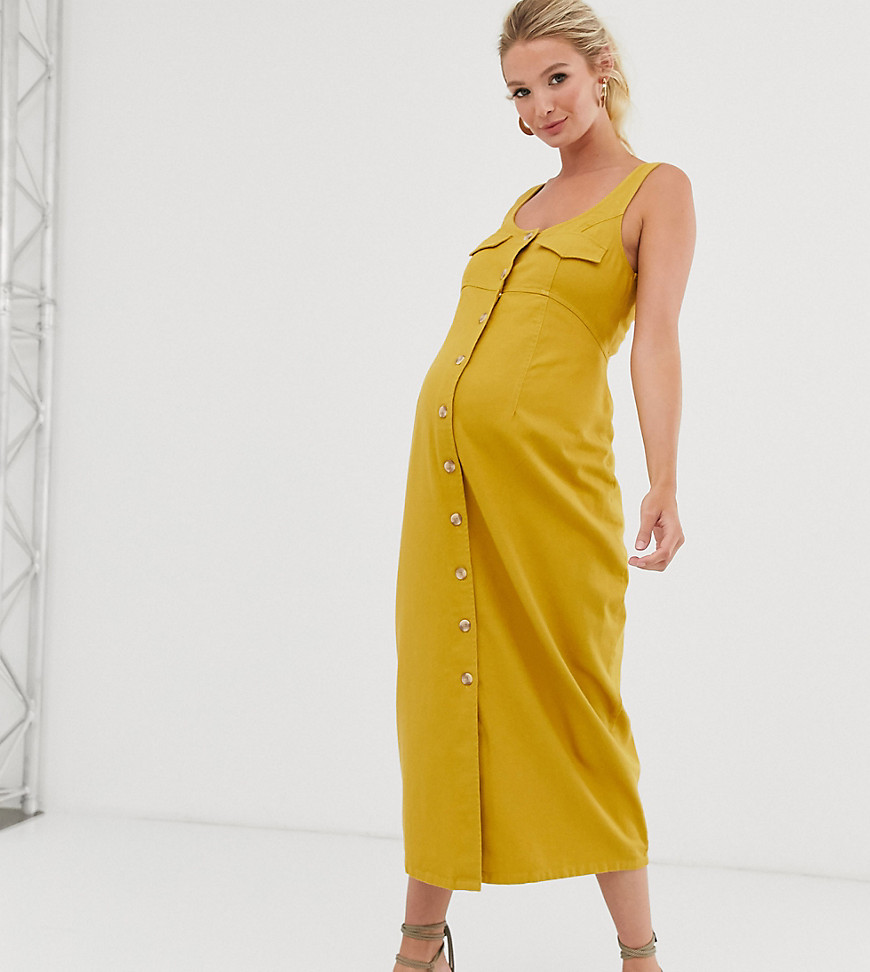 ASOS DESIGN Maternity denim button down midi dress in mustard-Orange