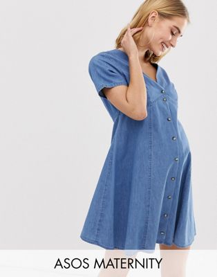 ASOS DESIGN Maternity denim button through tea mini dress in midwash blue