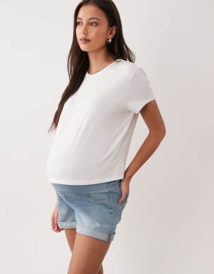 ASOS DESIGN Maternity denim comfort mom shorts in mid blue