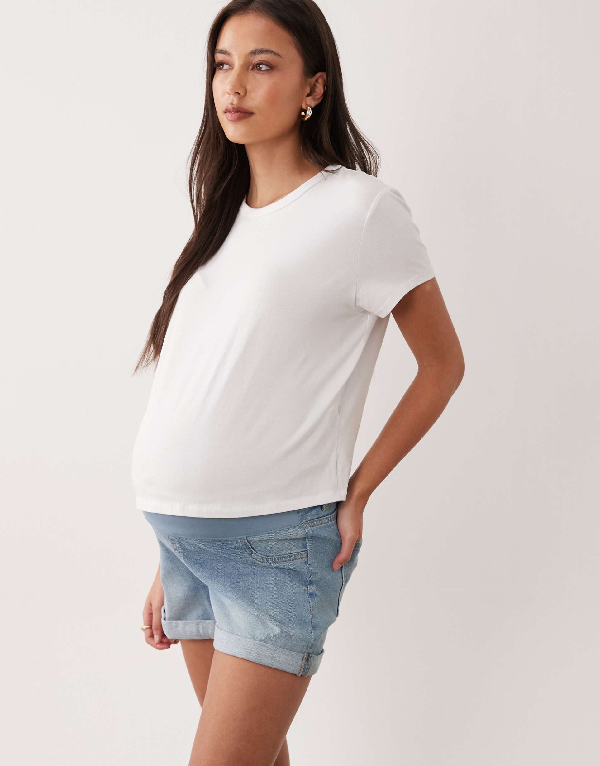 asos design maternity denim comfort mom shorts in mid blue