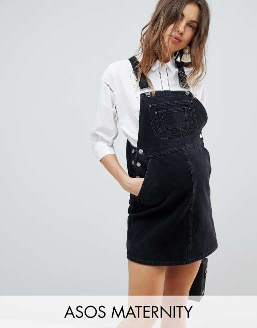 Asos Design Maternity Denim Dungaree Dress In Washed Black Asos 