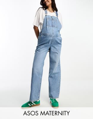 ASOS Maternity DESIGN denim dungaree in mid blue Sale