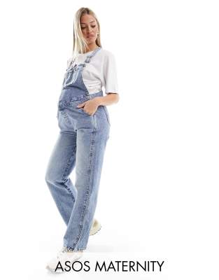 ASOS Maternity DESIGN denim dungaree in mid blue Sale