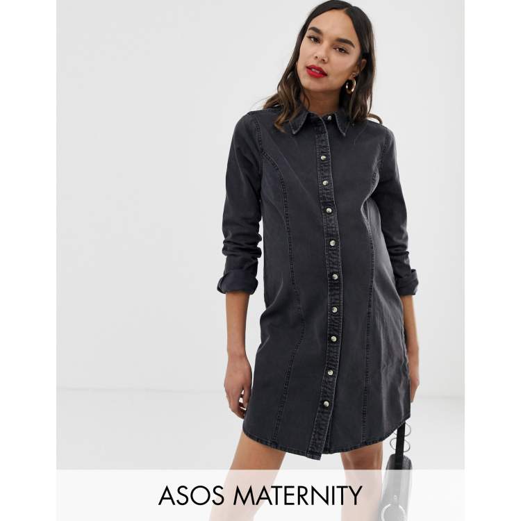 ASOS DESIGN Maternity denim fitted western shirt dress in washed black |  ASOS