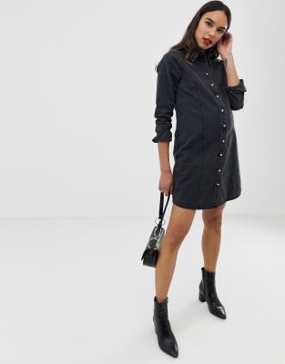 ASOS DESIGN Maternity denim fitted western shirt dress in washed black |  ASOS