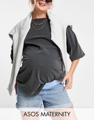 ASOS DESIGN Maternity denim high rise 'slouchy' mom shorts in midwash-Black