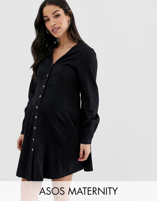 Asos Design Maternity Denim Long Sleeve Button Through Tea Dress In Washed Black Asos 