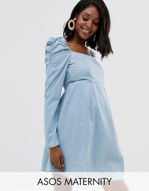ASOS DESIGN Maternity denim milkmaid mini dress in lightwash blue