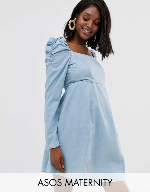 ASOS DESIGN Maternity denim milkmaid mini dress in lightwash blue ASOS