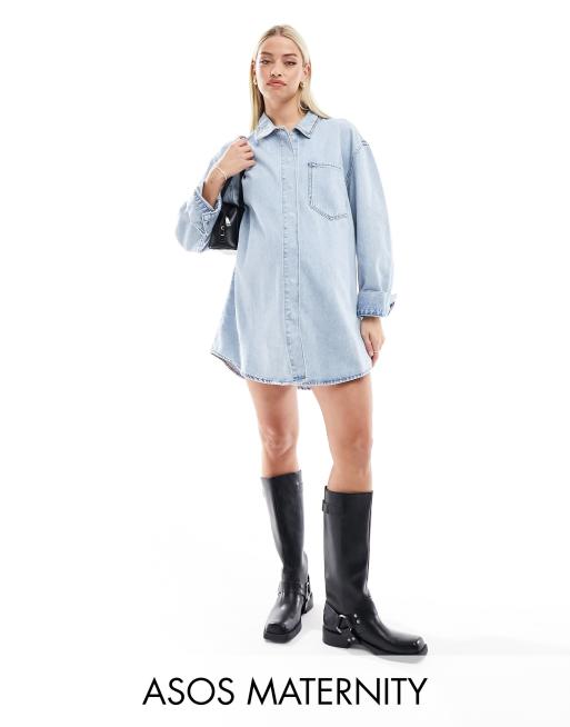 ASOS DESIGN Maternity denim mini shirt dress with front pocket in bleach wash