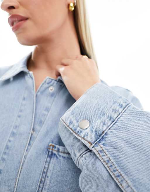 ASOS DESIGN Maternity denim mini shirt dress with front pocket in bleach wash, 2 of 4