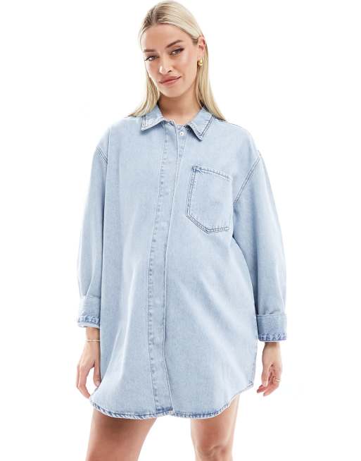 ASOS DESIGN Maternity denim mini shirt dress with front pocket in bleach wash, 3 of 4