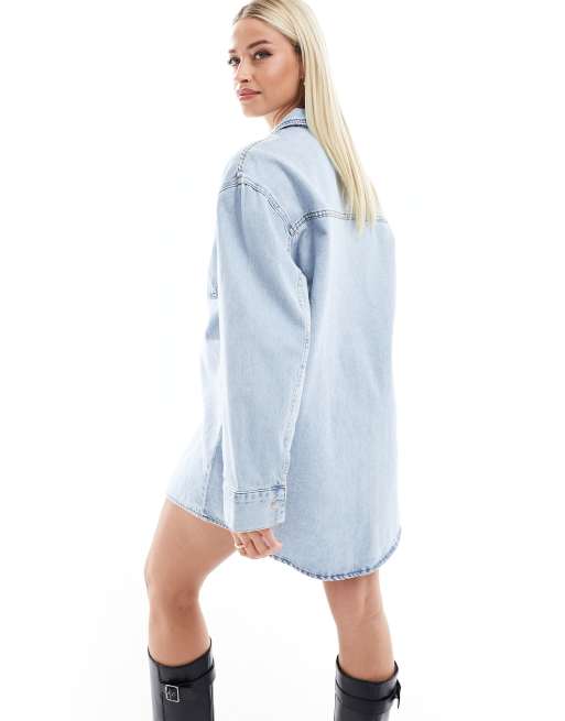 ASOS DESIGN Maternity denim mini shirt dress with front pocket in bleach wash, 4 of 4