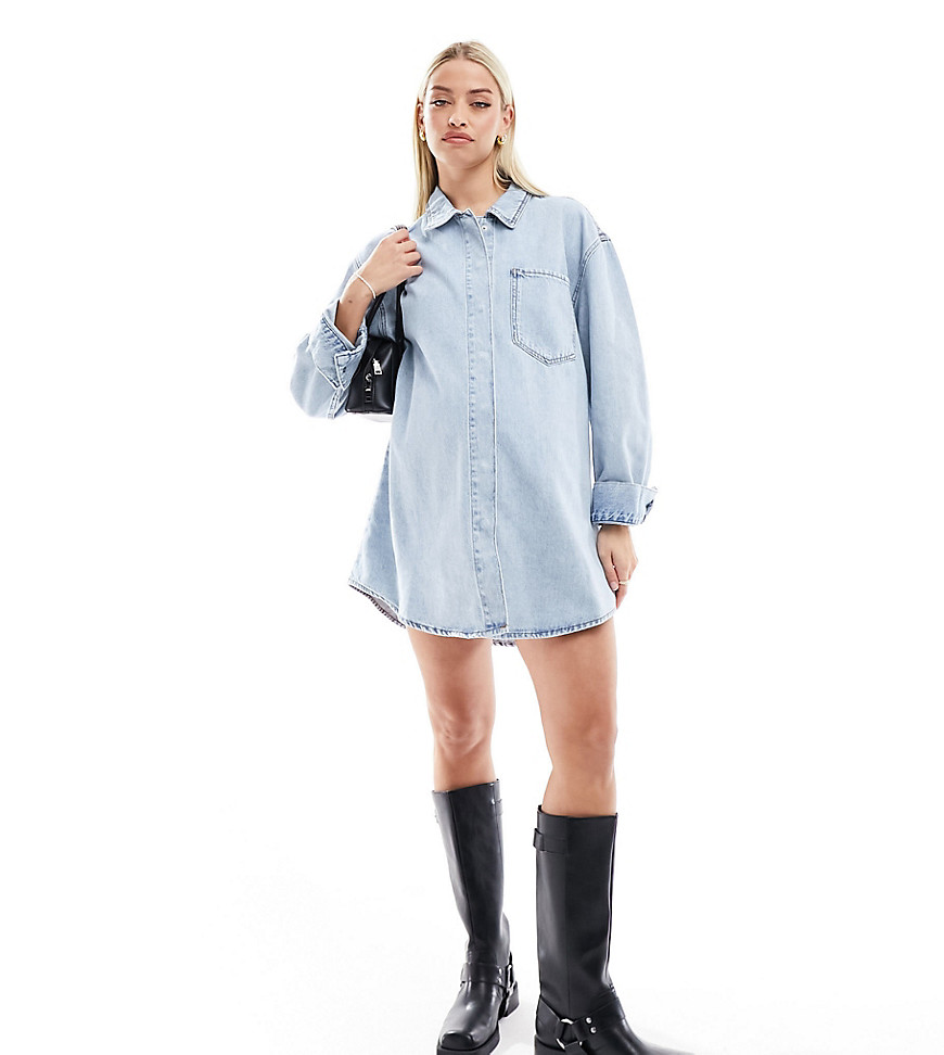 Asos Maternity Asos Design Maternity Denim Mini Shirt Dress With Front Pockets In Bleach Wash-blue