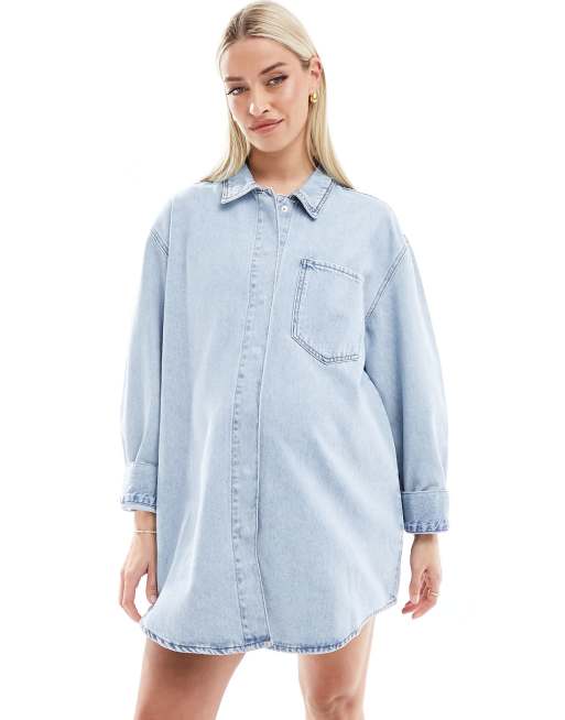 ASOS DESIGN Maternity denim mini shirt dress with front pockets in bleach  wash