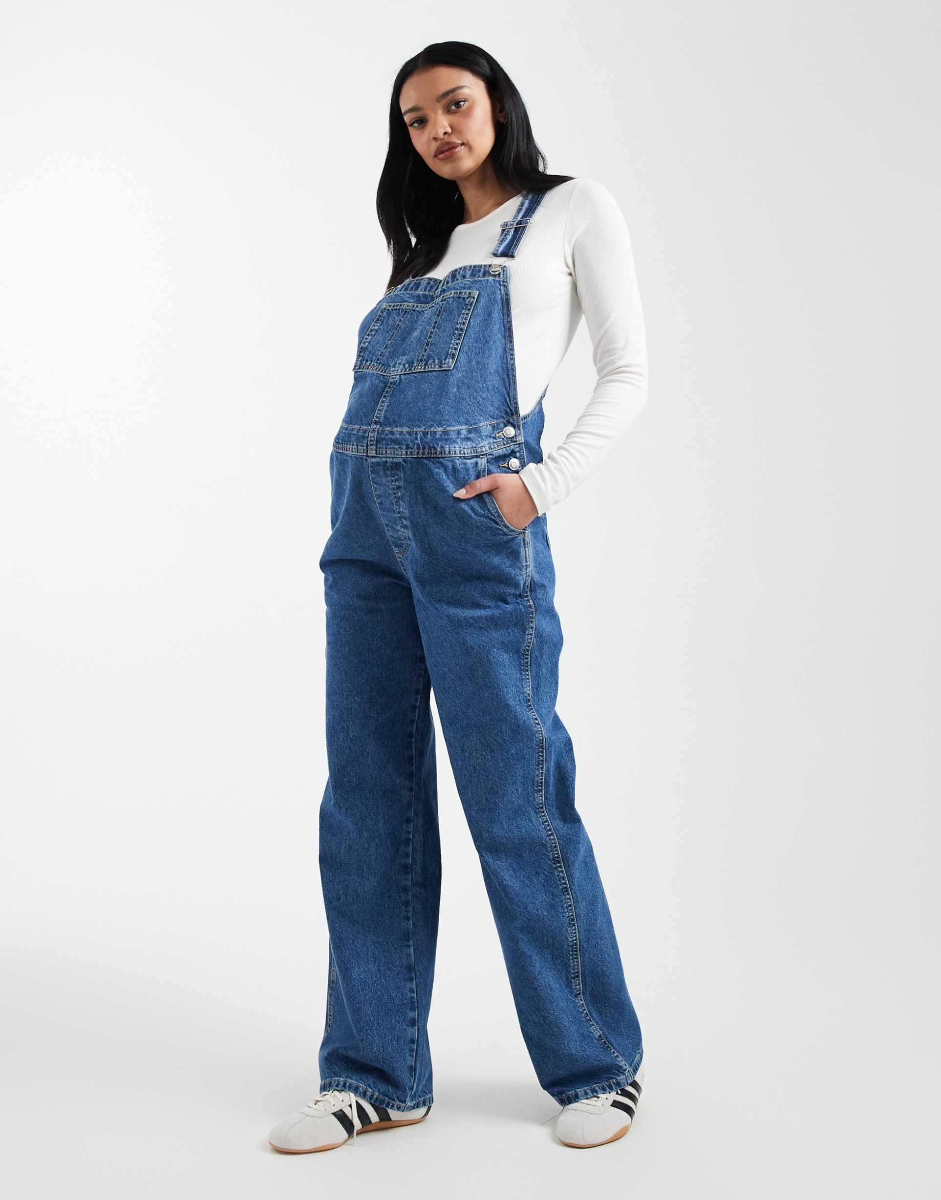 asos design maternity denim overalls in mid blue