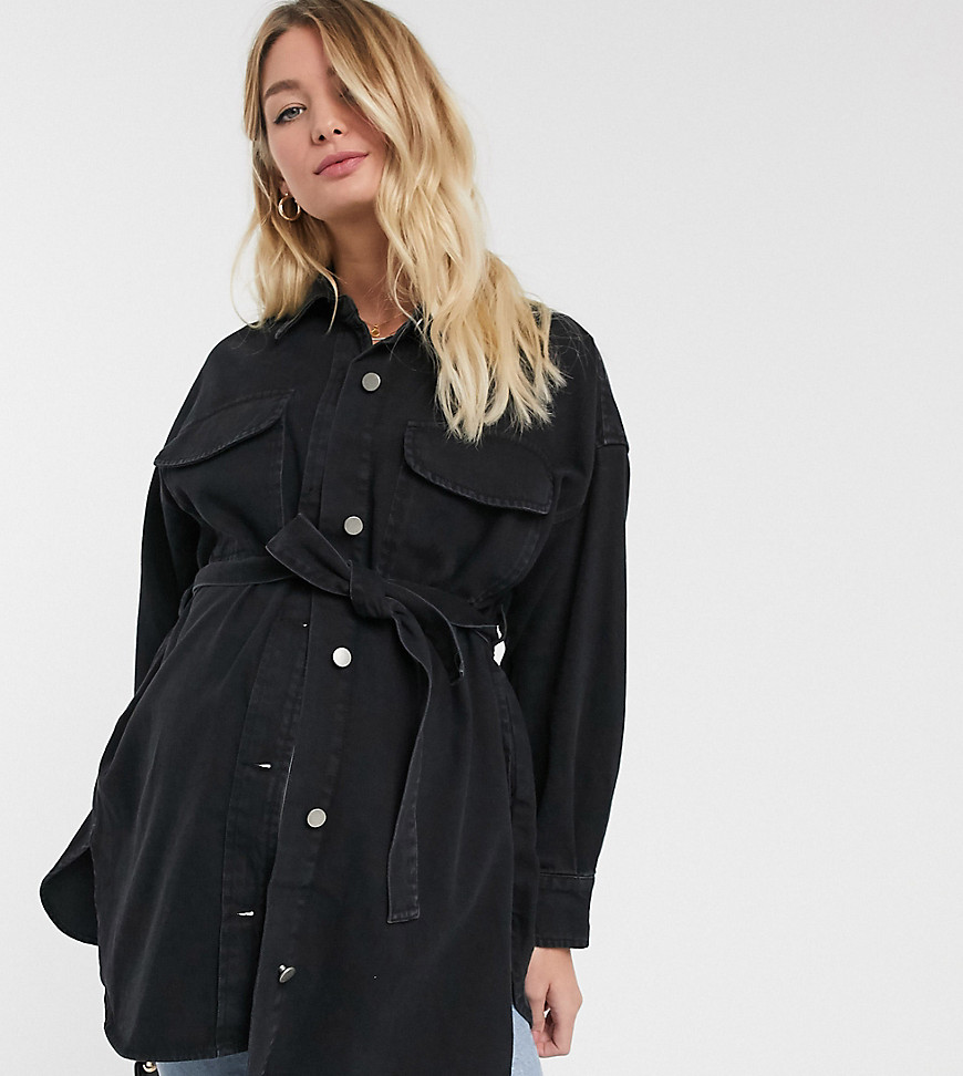 ASOS DESIGN Maternity - Denim oversized overhemd met riem-Zwart