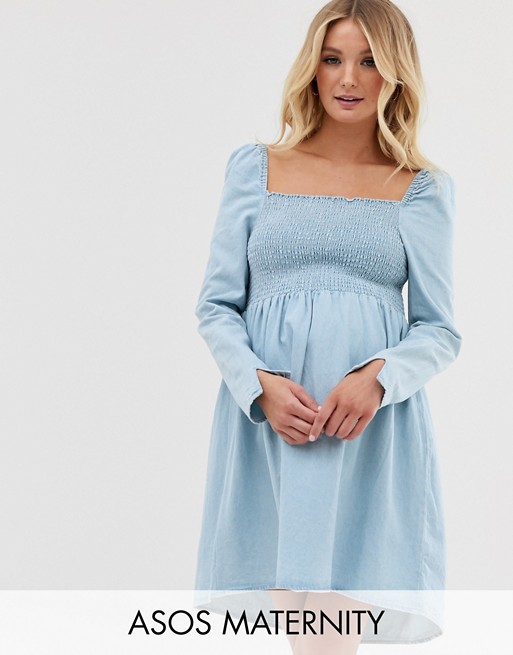 ASOS DESIGN Maternity denim shirred mini smock dress in lightwash blue