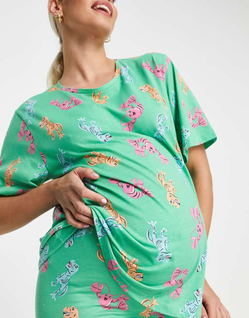 ASOS DESIGN Maternity dino lobster oversized tee legging pajama set in green